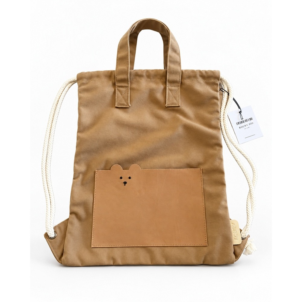 Boumy Dio Bear Tan Drawstring Backpack Tote Bag Cream Rope Straps Front Pocket